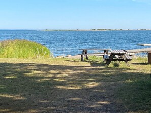 Une table de pique-nique au bord d’un lac, avec des zones herbeuses et un ciel dégagé.