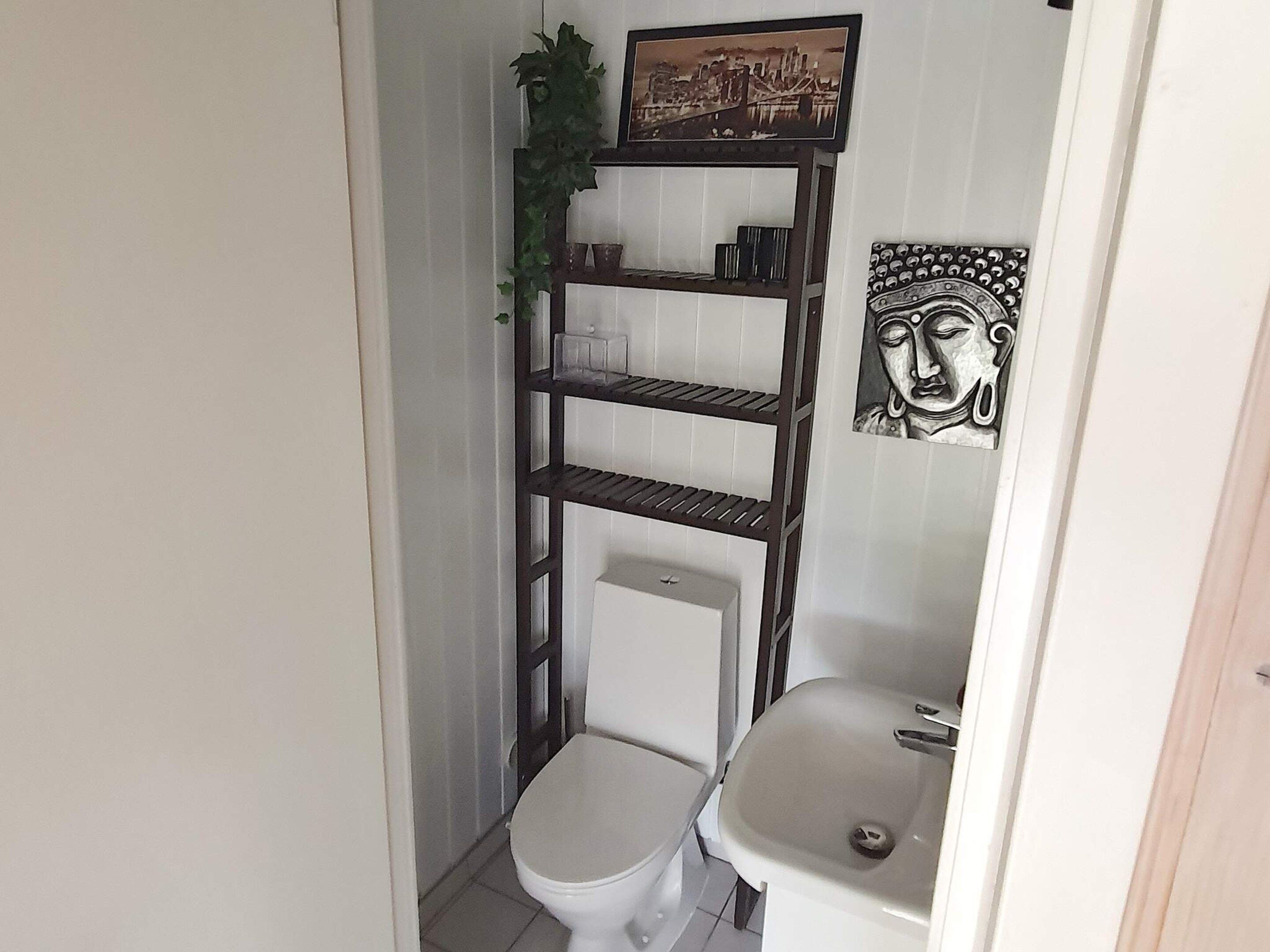 A bathroom with a toilet, sink, and a wall-mounted shelf with decorative items.