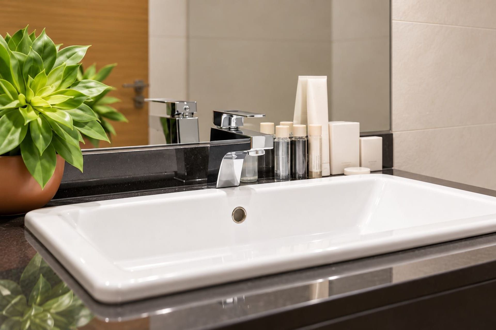 Un bagno moderno con lavandino bianco, rubinetteria cromata e una pianta in vaso.