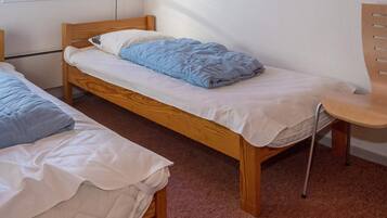 A single bed with a wooden frame, a blue blanket, and a white pillow.