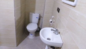 A small bathroom with a toilet, sink, and a mirror.