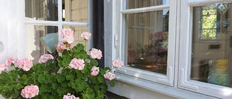 A window with a wicker basket of pink flowers, a hanging light fixture, and a white door frame.