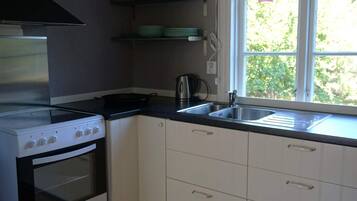 Cozinha com fogão, forno e janela com vista para o verde.