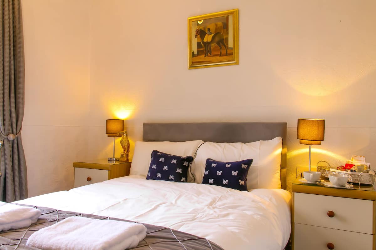 A neatly made bed with white linens, two pillows with a butterfly pattern, a bedside table with a lamp, and a framed picture on the wall.