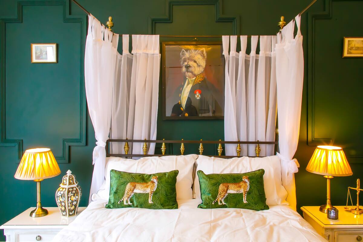 A bedroom with a canopy bed, two leopard-themed pillows, a framed picture on the wall, and two bedside lamps.