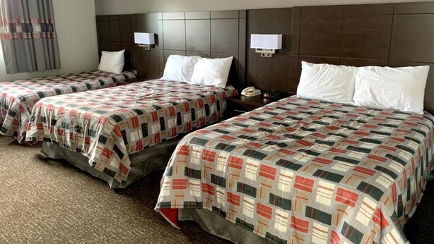 A hotel room with three beds, each with a patterned bedspread, a headboard, bedside lamps, and a telephone on the nightstand. - Milestone Motel (Collingwood)