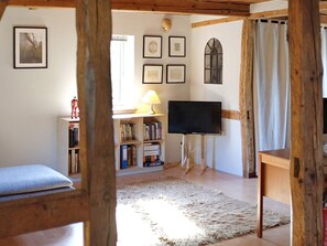 Un salon chaleureux avec une bibliothèque, un téléviseur à écran plat, une lampe et un grand tapis.