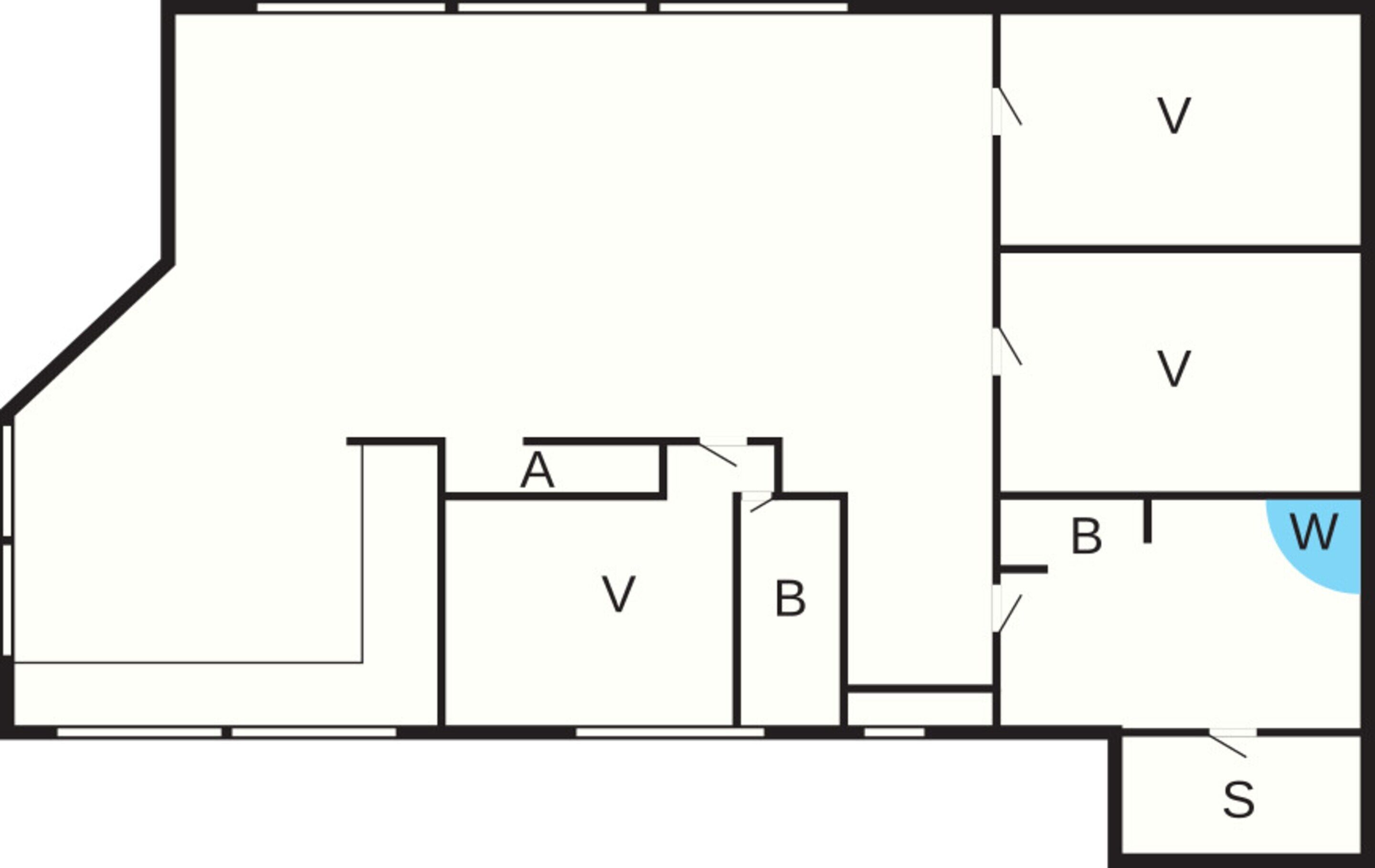Un plan d’étage indiquant les différentes pièces, identifiées par les lettres A, B, V, W et S.