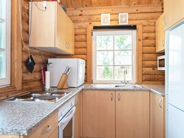 Cocina compacta con armarios de madera, estufa integrada, un lavamanos y una ventana con vistas a zonas verdes.