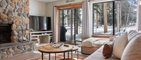 Télévision, cheminée, espaces bureaux, écrans d'ordinateur