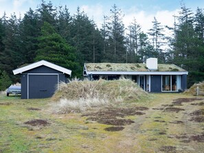 A modern house with a green roof, a small shed, and a forested background. - 6 Person Holiday Home in Blokhus (Blokhus)