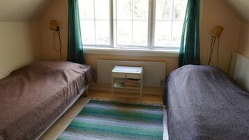 A room with two single beds, a small desk, and a radiator.