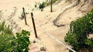 A sandy beach with a wooden fence and a rope barrier. - Updated cottages steps from Lake Michigan beach (West Olive)
