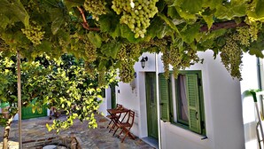 A vineyard with grapevines hanging overhead, a stone-paved courtyard, and a building with green shutters. - Laurel LK Houses in Kritinia Rhodes (Rhodes)