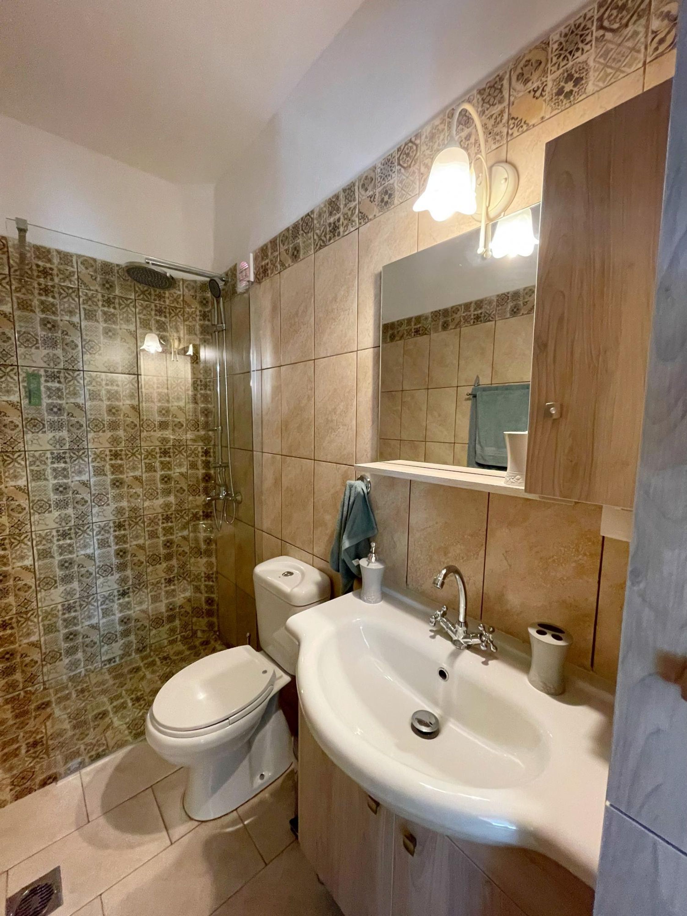 A bathroom with a toilet, sink, and shower.