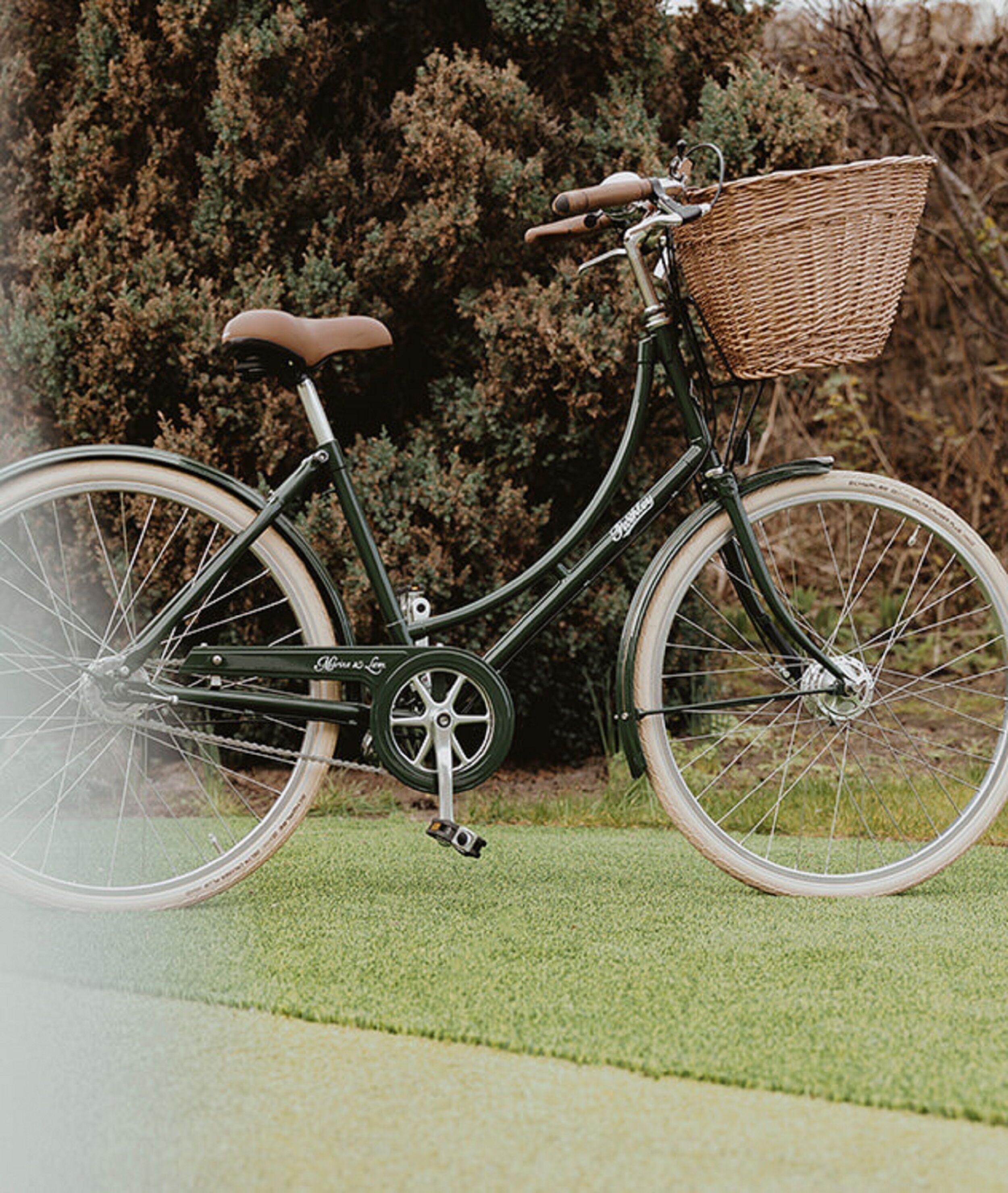 A stationary bicycle with a wicker basket on the handlebars, positioned on a grassy area with trees in the background.