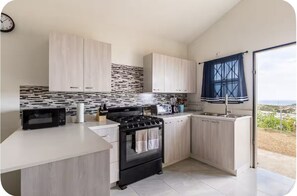 Een koelkast, een magnetron, een oven, een kookplaat