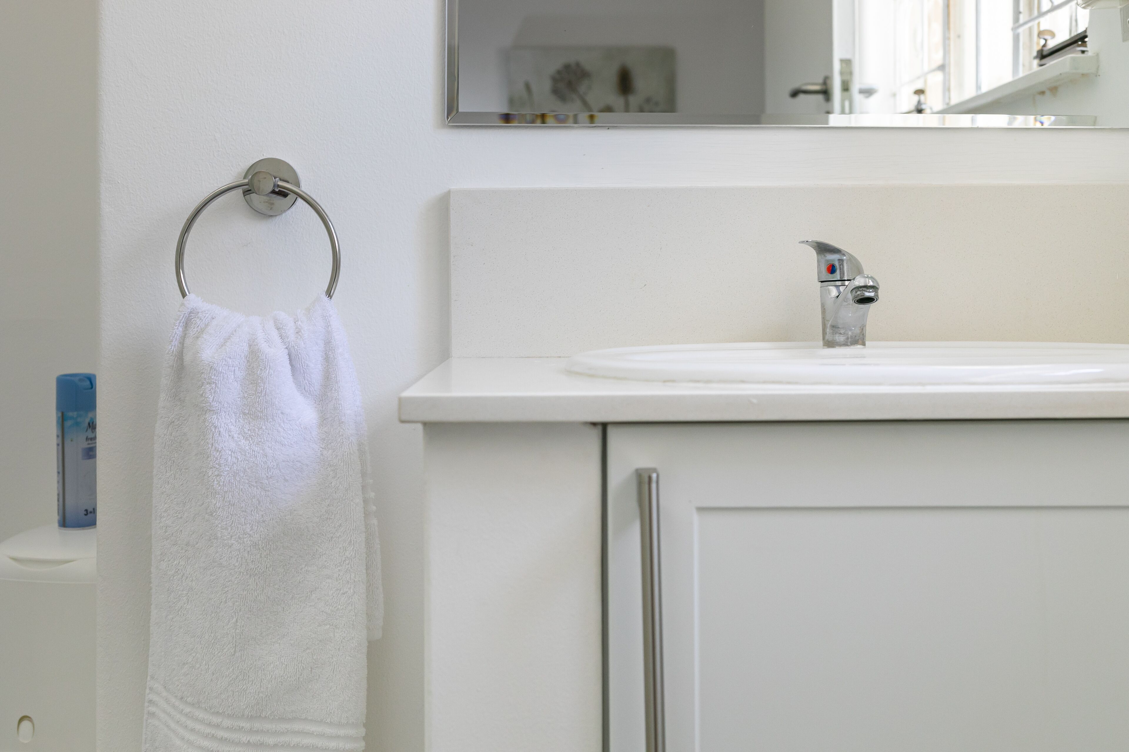 Un baño con un lavamanos blanco, un tocaderechos y un espejo sobre el lavamanos.