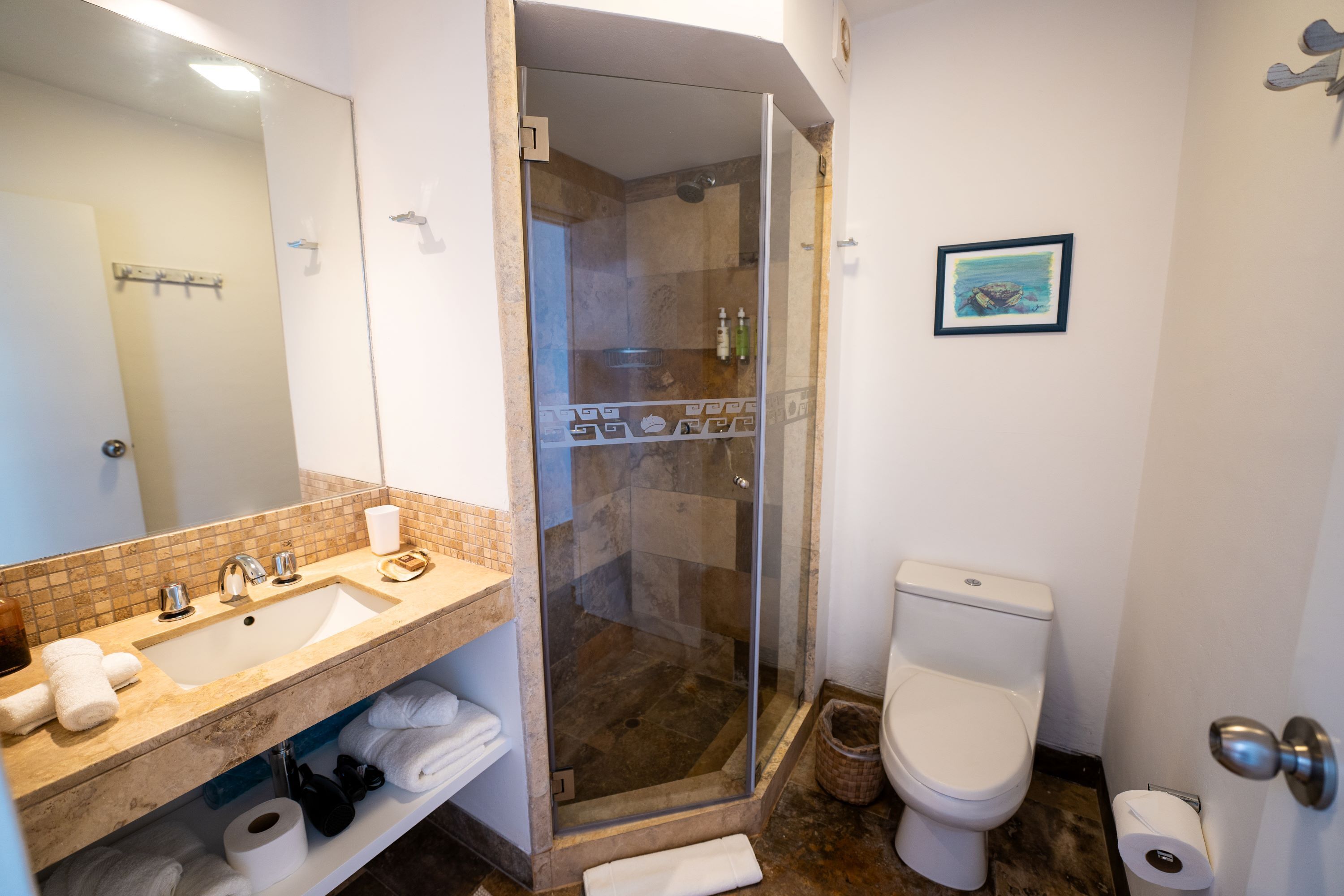 A bathroom with a glass-enclosed shower, a sink with a mirror, and a toilet.