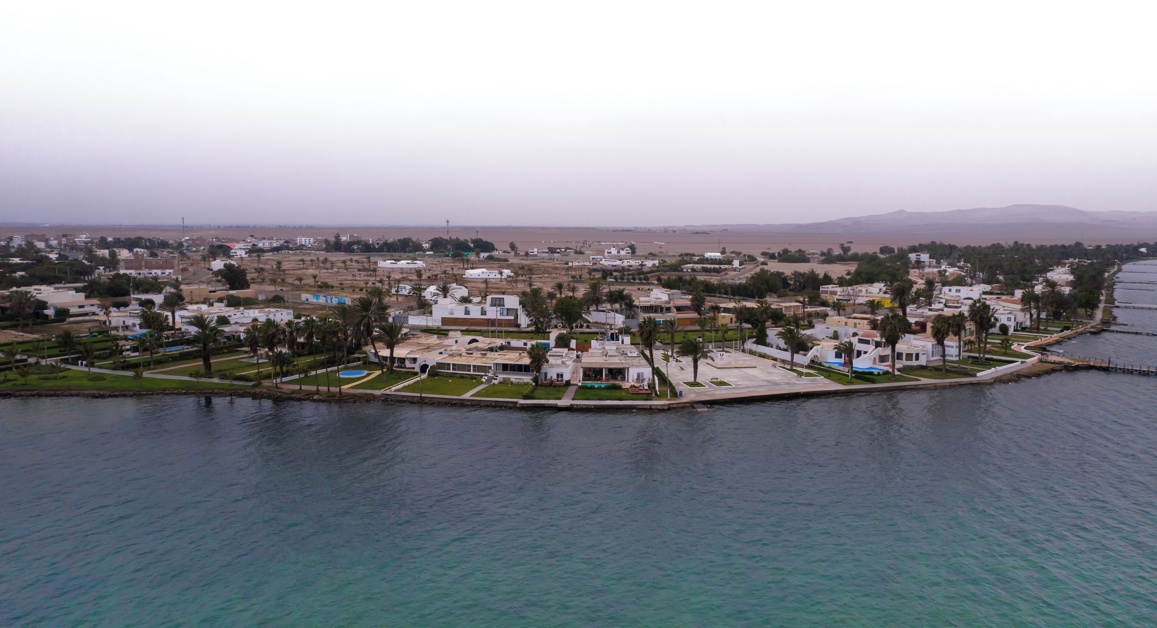 Vista aérea de una zona residencial costera con casas, un puerto deportivo y una playa.