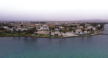 Vista aérea de una zona residencial costera con casas, un puerto deportivo y una playa.