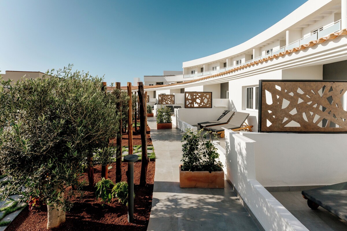 A modern hotel courtyard with a pathway, potted plants, and outdoor seating.