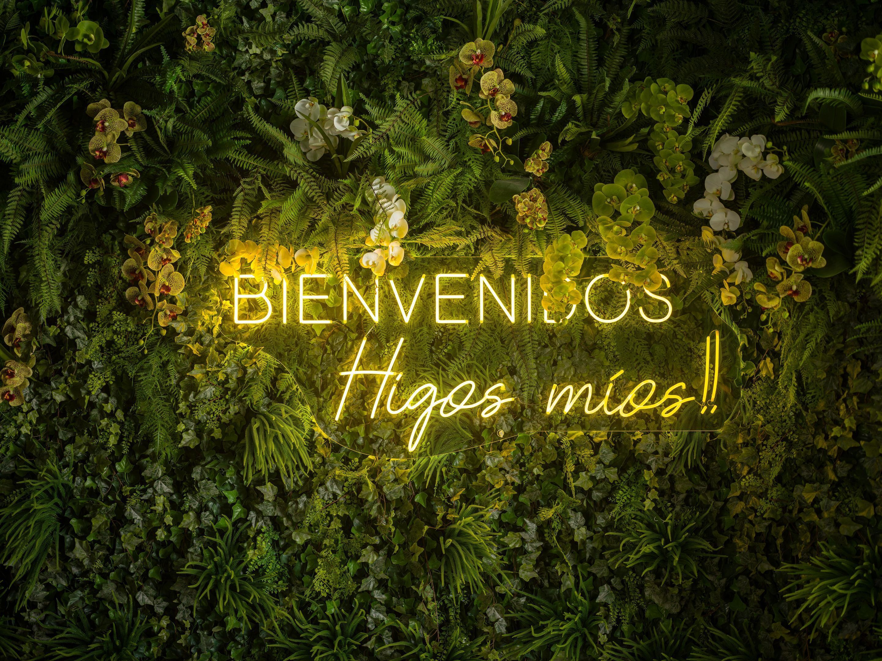 A wall covered with lush green foliage and orchids, with the text "BIENVENIDOS" and "Higos mis!" in glowing yellow letters.