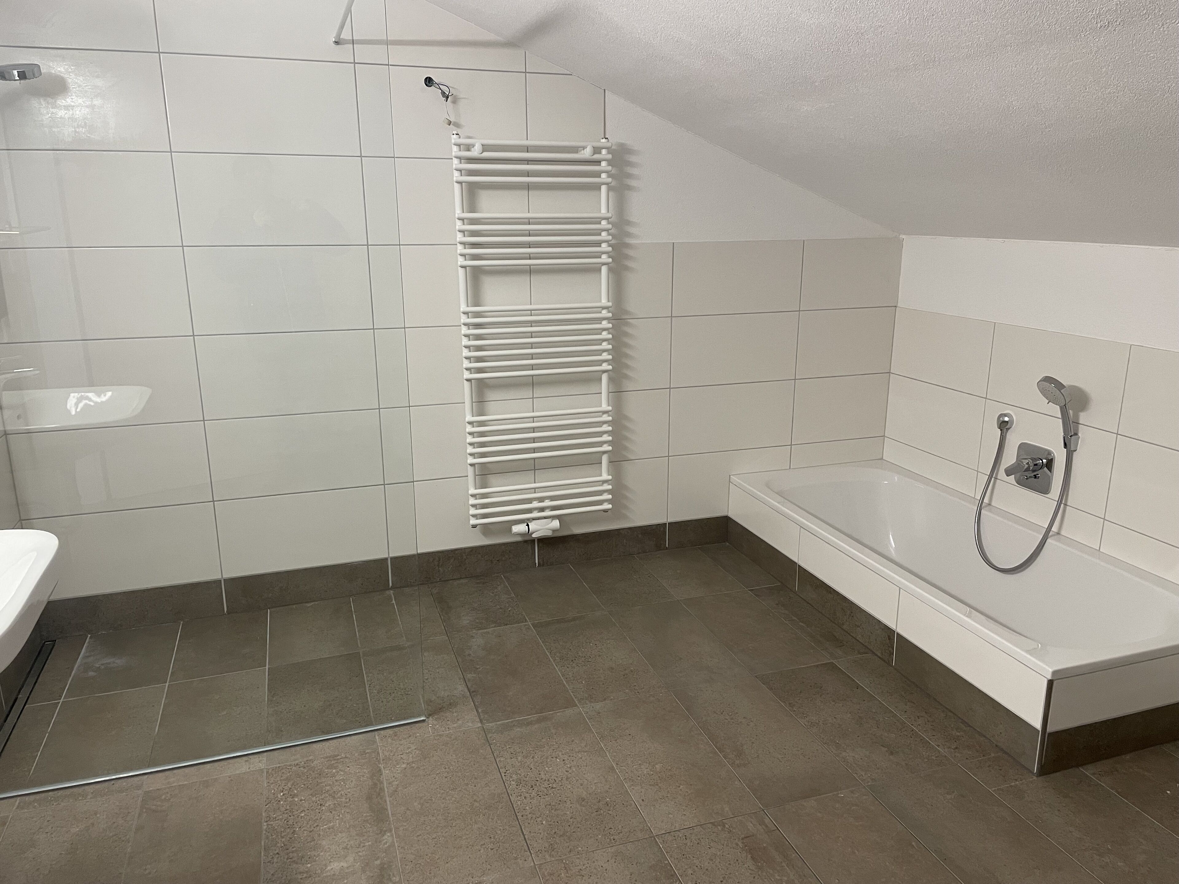 A bathroom with a shower, a bathtub, and a toilet.