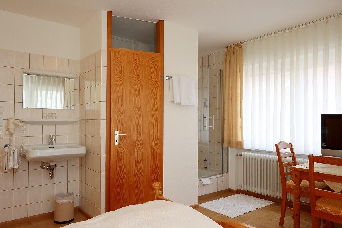 Habitación de hotel con puerta de madera, lavamanos blanco, espejo, ducha, mesa de madera con sillas y televisor.