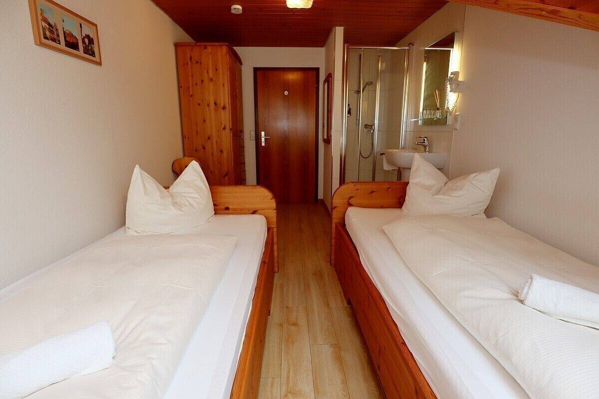 A room with two beds, a wooden wardrobe, a bathroom with a shower, and a mirror.