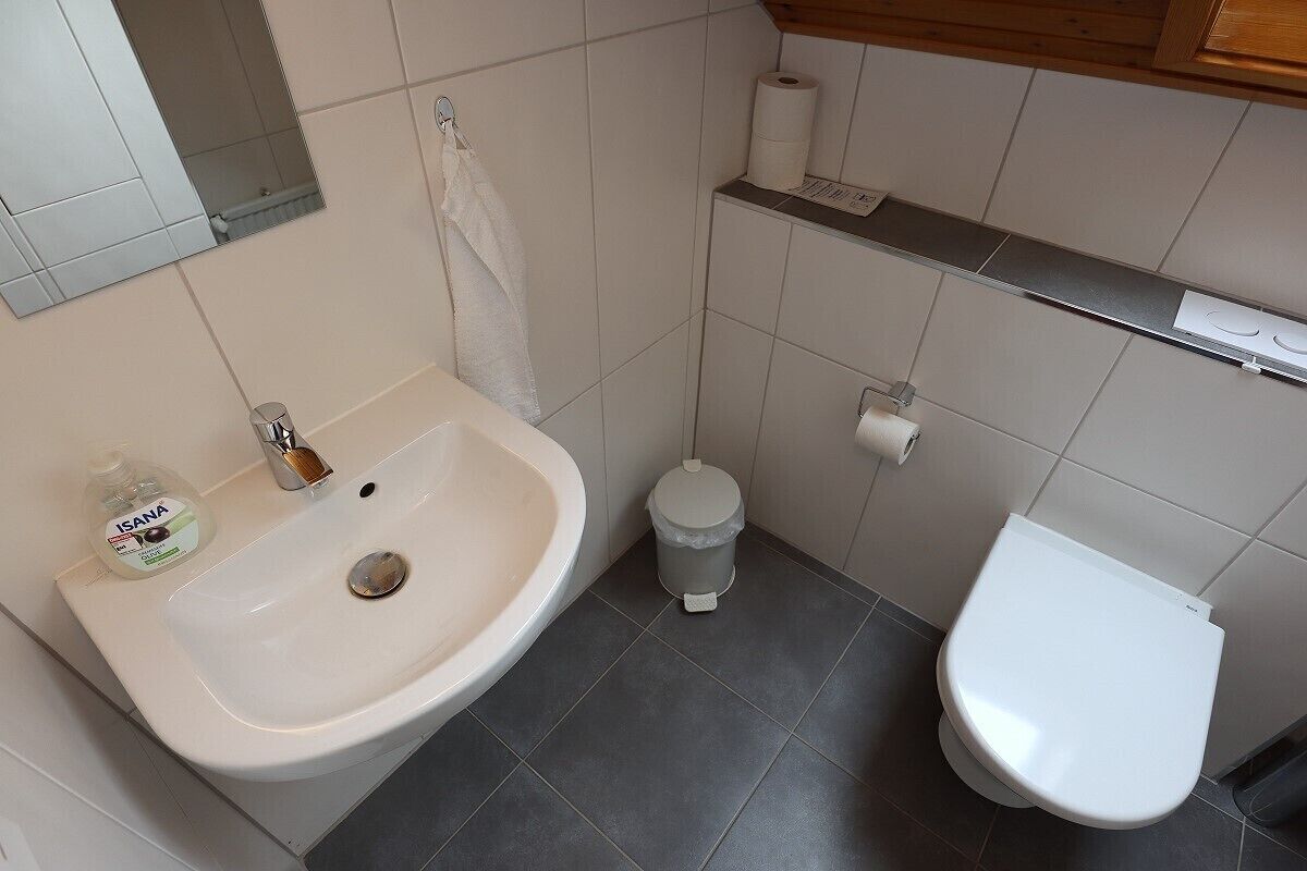 A bathroom with a sink, toilet, and a trash bin.