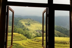 Blick durch ein Fenster auf eine Landschaft mit terrassierten Feldern und Hügeln.