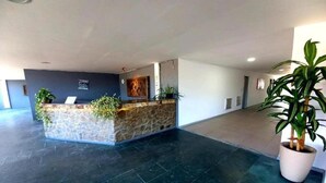 Un hall d’entrée spacieux avec un comptoir de réception en pierre, des plantes en pot et une grande plante en pot placée au premier plan.