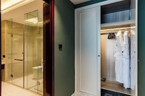 Une salle de bain moderne dotée d’une douche à parois de verre, de toilettes blanches et d’un dressing ouvert où sont suspendues des peignoirs.