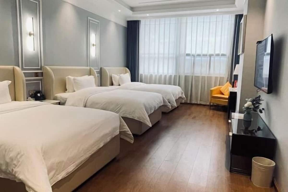 Et hotelværelse med to senge, et fjernsyn, et skrivebord og udsigt over byen.
