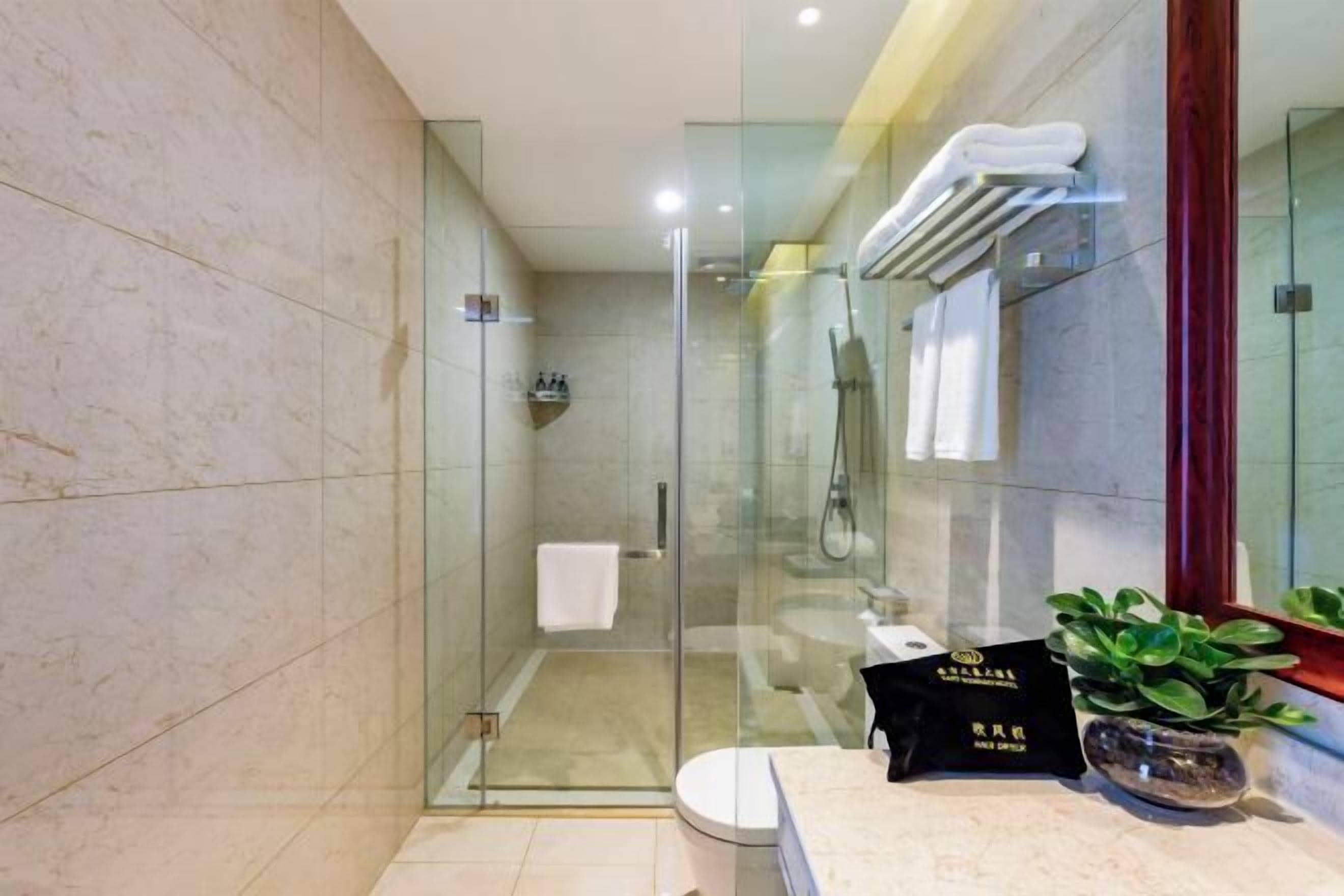 A modern bathroom with a glass shower enclosure, a white toilet, a marble countertop, and a potted plant.