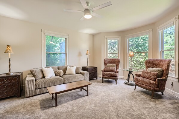 Smart TV, fireplace, books