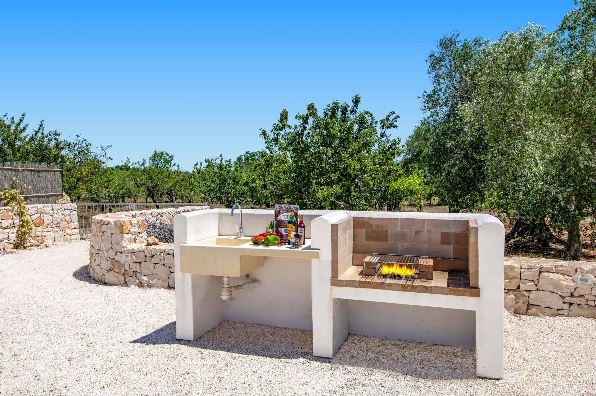 Een buitenkeuken met een stenen spoelbak en een barbecue.