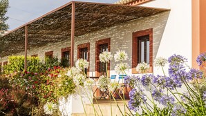A building with a covered patio, a white facade, and a red-tiled roof. - Quinta da Baleeira (Tavira)