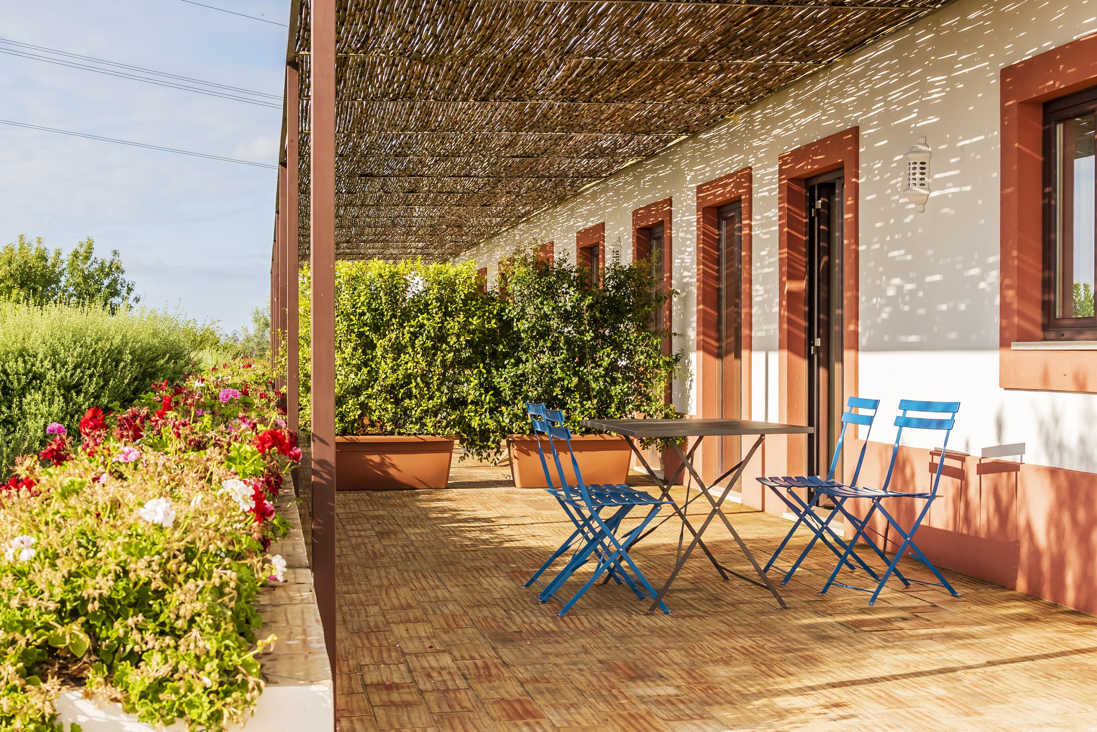 A covered outdoor area with a table and chairs, surrounded by potted plants and flowers.