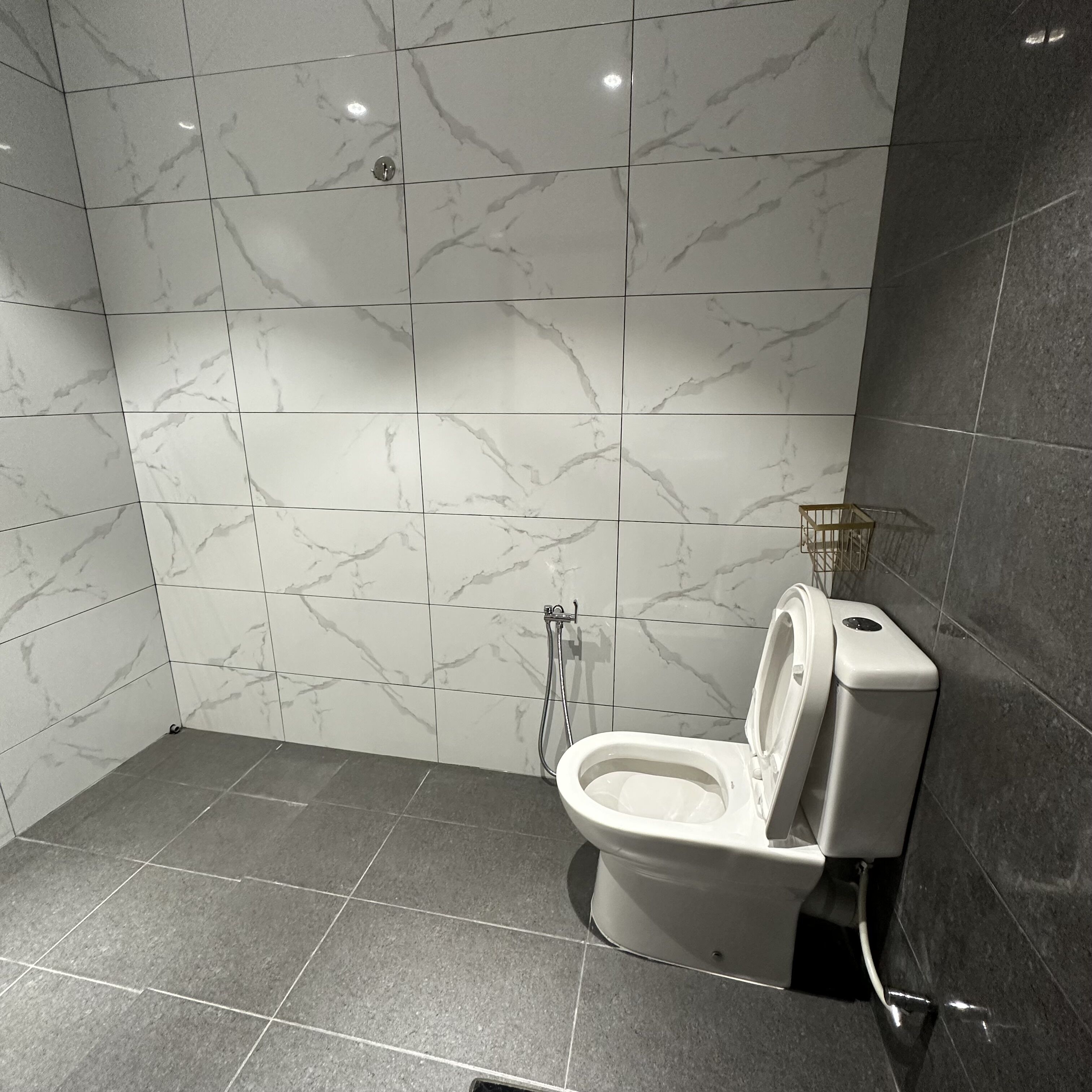 Un baño moderno con inodoro, ducha y azulejos de mármol.