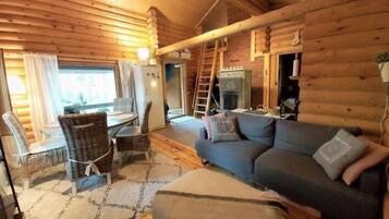 Smart TV, fireplace, books, stereo