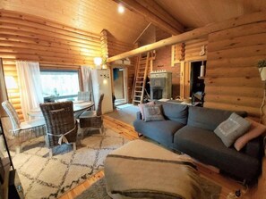 Smart TV, chimenea, libros y estéreo