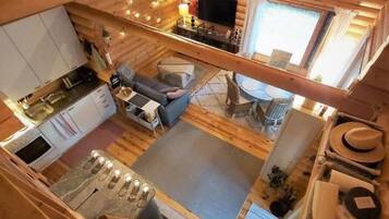 Smart TV, fireplace, books, stereo
