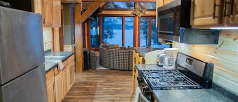 Fridge, microwave, stovetop, coffee/tea maker