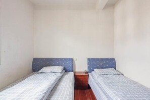 A small, single-room accommodation with two single beds, each with a blue headboard and white bedding. - Qingyuan Farm Stay (Wuyuan)