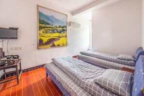 Une chambre avec deux lits, un tableau au mur, une télévision et un radiateur.