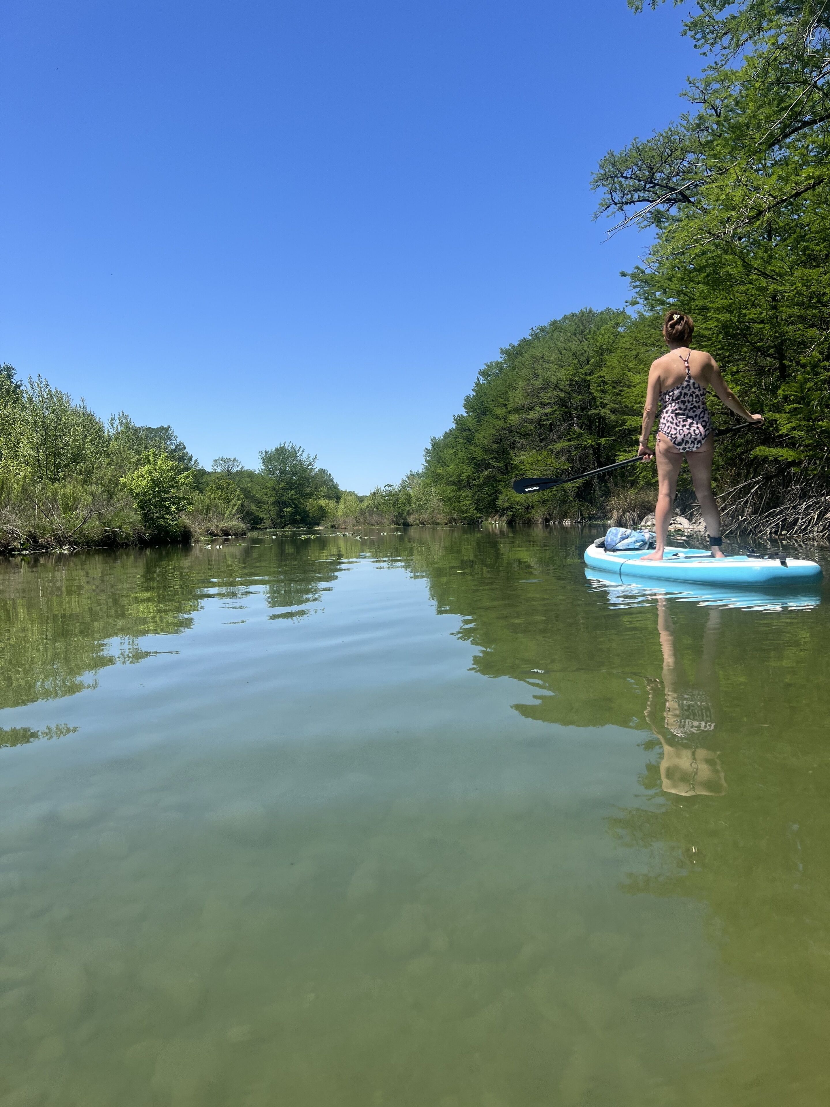 A person paddleboarding on a calm river surrounded by dense greenery.