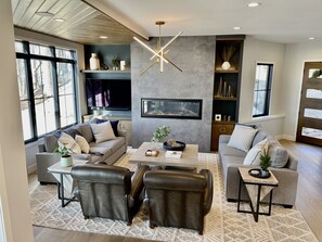 Smart TV, fireplace, video games, DVD player