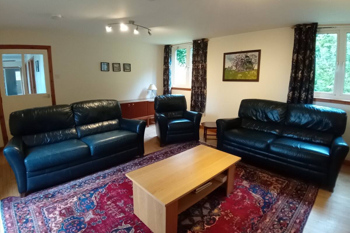 A living room with two black leather sofas, a wooden coffee table, and a patterned rug.